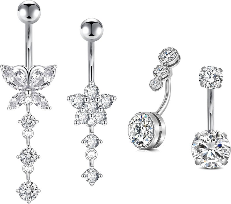Incaton 14G Belly Button Rings, Stainless Steel Diamond Belly Rings For Women, Dangle Belly Button Rings With Butterfly, 6mm Short & 10mm Bar Navel Piercings - Image 1